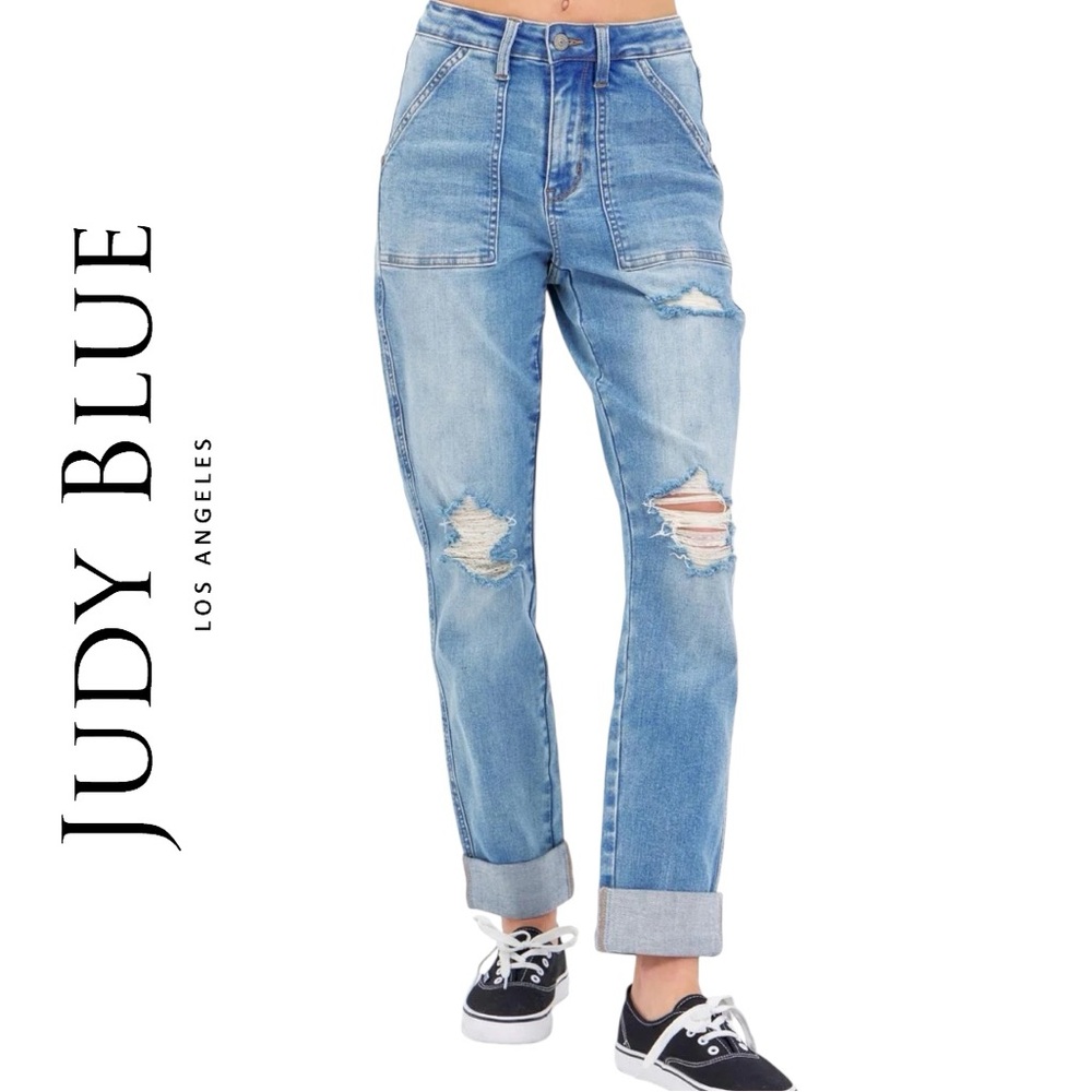 Judy Blue Patch Pocket Distressed Boyfriend Fit Jeans‎ - Size 5/27
